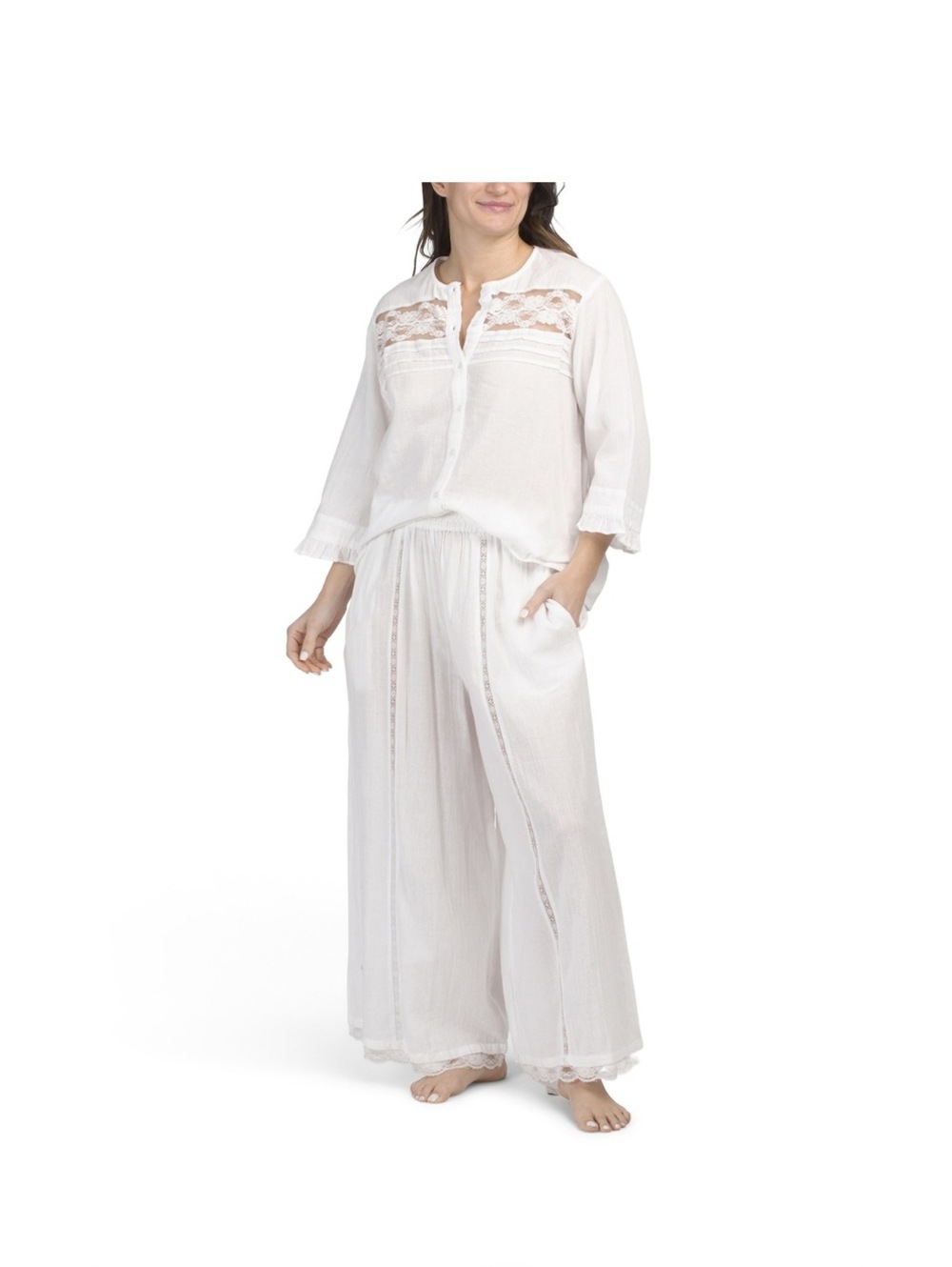 2pc Cotton Gauze Boho Top And Pants Lounge Set With Lace Detail size L Brand New
